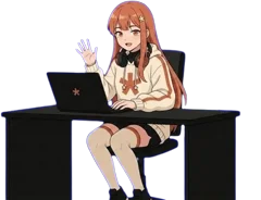 The ccpet character at her desk with one hand raised, the pose for a waiting permission prompt